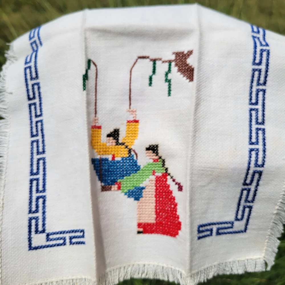 Embroidered Tea Towel  Korea Post-War  Cottage Industry Program & India Souvenir